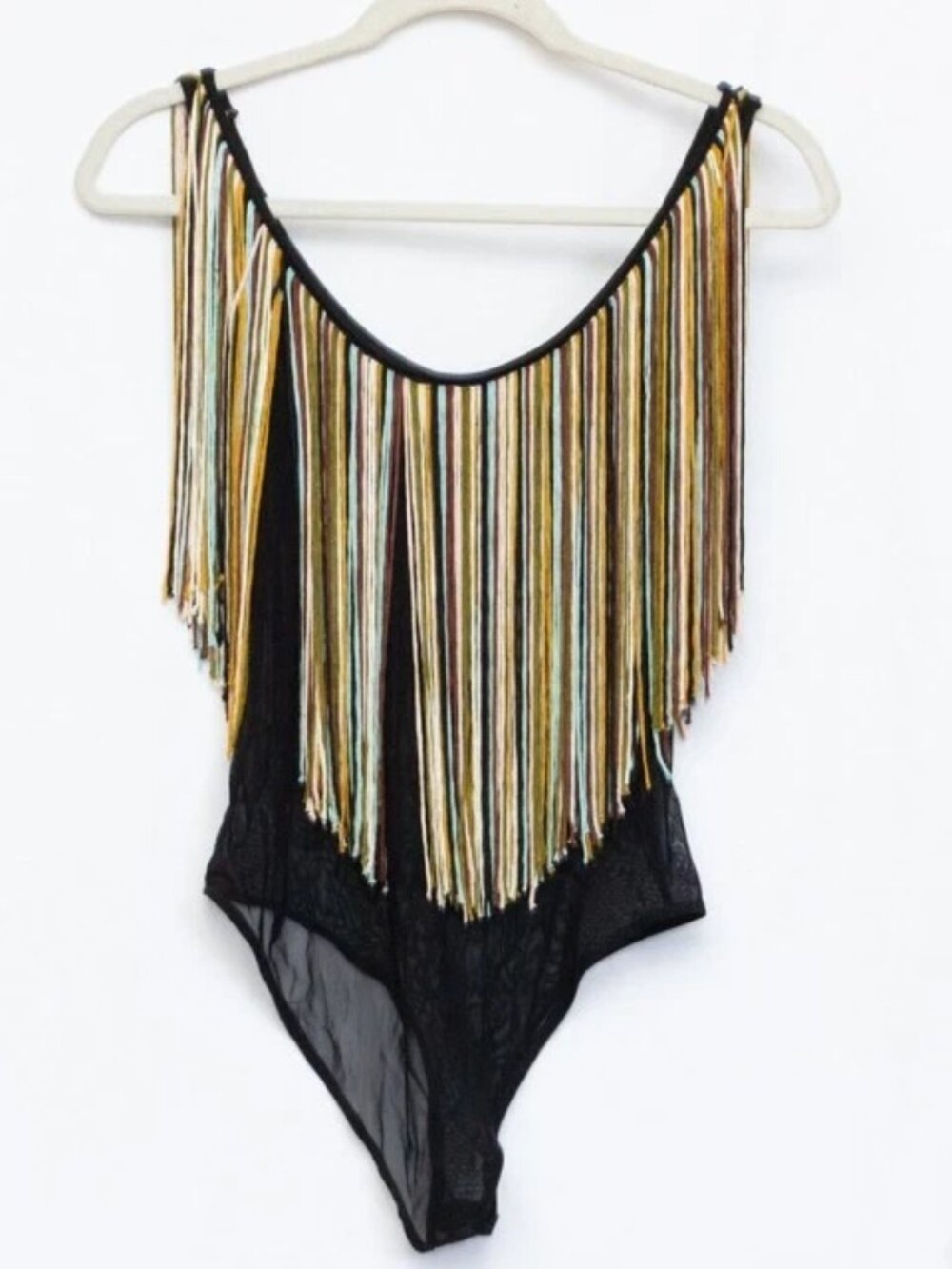 Bershka Mesh Bodysuit Multicolor Neckline Fringes Festival Ballroom Dancing Sz S - Picture 3 of 6
